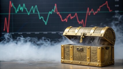 Gold prices plunge market crash crisis A treasure chest against a stock market graph symbolizes wealth and investment opportunities.