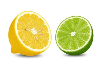 A halved lemon and a halved lime are positioned side by side on a bright white background surface view