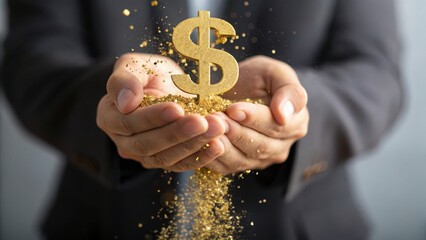 Gold prices plunge market crash crisis Hands holding a glowing dollar sign, symbolizing wealth and prosperity through shimmering particles.