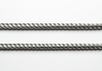 Close up of two silver twisted cords lying parallel on a bright white surface with soft shadows