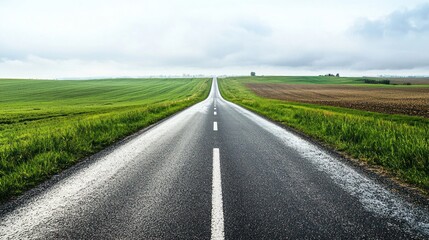 Fototapeta premium Front view of a long straight countryside road with open grassy fields on white
