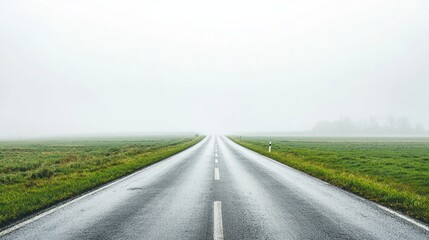 Fototapeta premium Front view of a long straight countryside road with open grassy fields on white