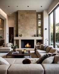 Living Room Design with Beige Sofa Couch and Fireplace Surrounded by Mediterranean Stone Wall Captured in Stylish Photography Session premium stock photo interior design