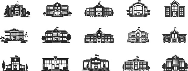 Set of Various School Building Silhouettes – Educational Institution Vector Icons on Transparent Background for Design and Presentation Use