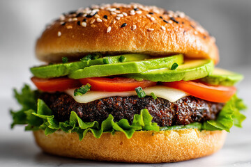 Delicious Veggie Burger: A mouthwatering veggie burger, perfectly grilled and layered with fresh avocado, juicy tomatoes, crisp lettuce, and melted cheese, all nestled on a sesame seed bun.