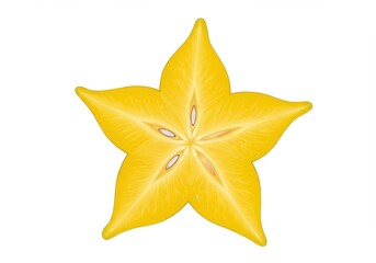 Fototapeta premium A single cross section of a yellow star fruit with visible seeds on a plain white background view from top