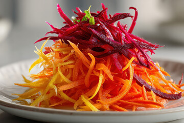 Rainbow Carrot and Beetroot Salad:  A vibrant and visually appealing salad featuring shredded carrots and beetroot, creating a rainbow of colors on a white plate.