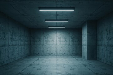 Empty Industrial Room With Concrete Walls And Dim Blue Lighting