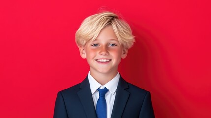Smiling boy in suit against red backdrop