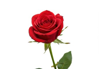 Fototapeta premium A single red rose with a green stem and leaves isolated on a white background in a studio shot