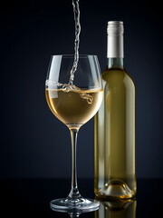 Obraz premium Elegant stemmed glass, crisp white wine bottle, elegant, liquid