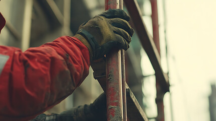 Construction Worker in Red Jacket Holding Scaffolding