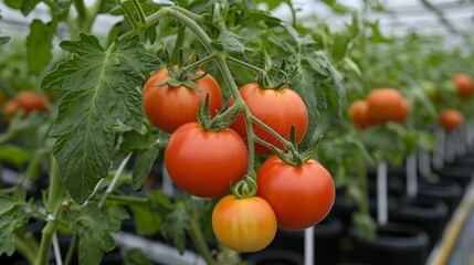 Fresh Ripe Tomatoes Growing in a Greenhouse Environment