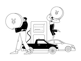 Vector Internet operation hand-drawn illustration of people getting discounts for refueling their cars
