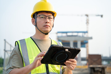 asian male engineer working with digital tablet in construction site