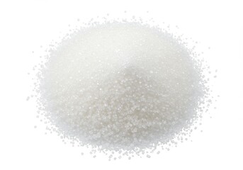 A heap of white granulated sugar crystals on a white background in a top down studio shot view