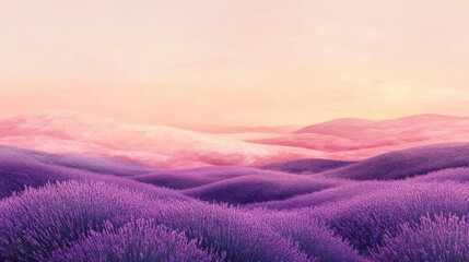A serene, tranquil landscape of lavender hills at dawn.