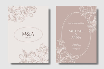 Dusty Rose with Pearl White color, wedding invitation design with hand drawing Azalea flower