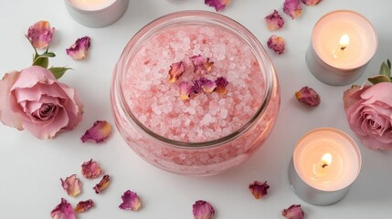 Glass jar of pink Himalayan salt with dried rose petals and candles on white background.
