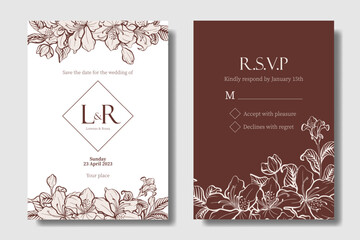 Burnt Sienna and Blush Pink color, wedding invitation design with hand drawing Azalea flower