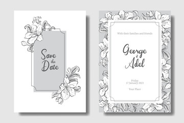 Charcoal Gray and Silver Mist color, wedding invitation design with hand drawing Azalea flower