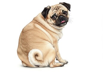 A pug sitting and looking back over its shoulder with its tongue slightly sticking out on white