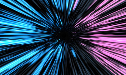 Abstract light streaks converging in a dynamic, vibrant burst of blue and pink hues against a dark background, suggesting speed, energy, and movement.
