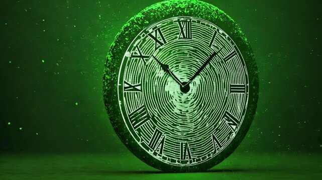 Time's Essence: A close-up shot of an antique clock, with intricate Roman numerals and a textured, organic outer ring, suggesting the passage of time and the earth.