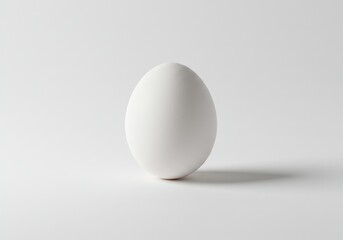 A single white egg standing upright on a white surface with a soft shadow on the right side of the egg
