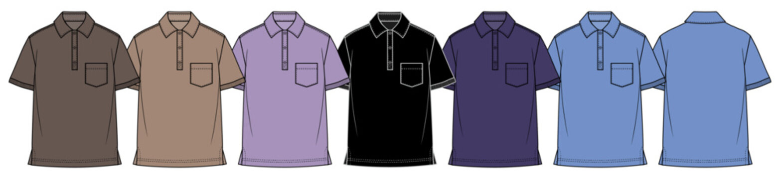 Men&rsquo;s Fashion polo-shirt &ndash; CAD Flat Sketch Template, Vector flat sketch of a men's top with technical detailing. Suitable for menswear designers and tech packs.