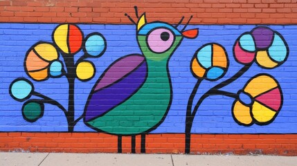 Colorful mural of a stylized bird and plants on a brick wall.