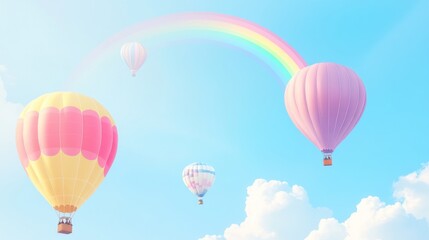 Obraz premium Pastel hot air balloons in a dreamy sky with a rainbow
