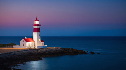 White Lighthouse Under Cool Twilight Sky by the Sea, 4K