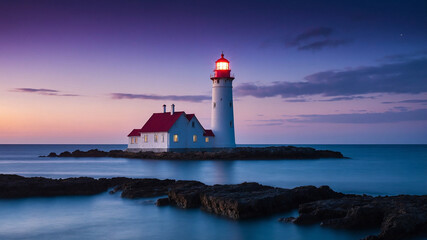 White Lighthouse Under Cool Twilight Sky by the Sea, 4K