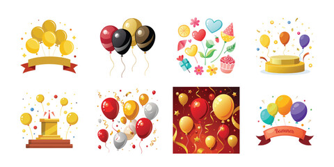 Vector illustration of balloon isolated on white background., Red Gift Box with Colored Balloons,