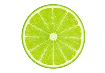 A vibrant green lime slice with visible segments and a white background in a centered close up view