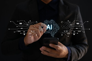 Businessmen point to AI icons as business efficiency boosters, helping them assess risks and grow