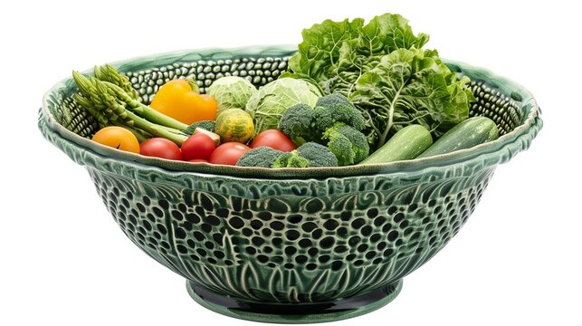 green color big ceramic Bowl with different vegetables cut out on white background