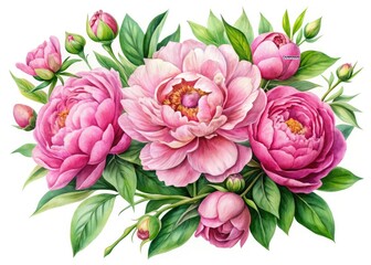 Watercolor Pink Peony Bouquet Illustration - Hand-Drawn Floral Art, Botanical Painting, Pink Flower Painting