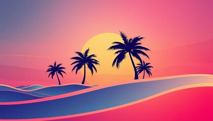 Abstract sunset with stylized palm trees and wave lines, futuristic summer vibe, digital, horizon