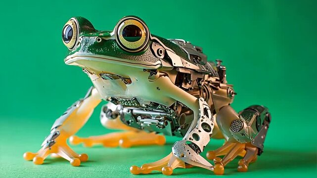 Cybernetic Frog on Green Backdrop: A captivating shot of a mechanical frog, seamlessly blending the elegance of nature with the innovation of technology.