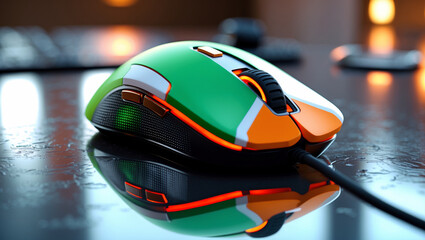 Fototapeta premium Computer Mouse with Green, White, and Orange Tricolor Design on Reflective Surface, 4K