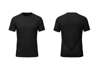 A front and back view of a plain black t shirt isolated on a white background in a studio shot