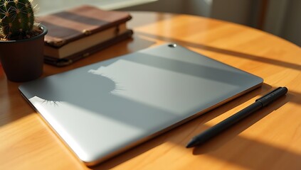 A tablet with a stylus resting beside it on a light wooden table, next to a small cactus and notebook, all in natural lighting
