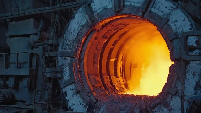 A blazing industrial furnace glows intensely, showing the fiery interior used for high-temperature metal processing.