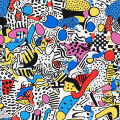 Abstract white background with colorful Memphis style seamless pattern. Creative minimalist style art background for children or trendy design with basic shapes. Simple childish scribble backdrop