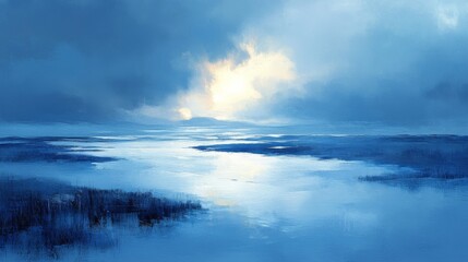Fototapeta premium Tranquil, painted, blue landscape view.