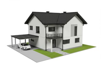 A modern two story house with a dark roof and a white car parked in the carport on a white background