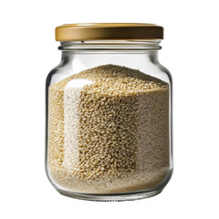 Glass jar filled with sesame seeds, showcasing a natural and healthy ingredient for cooking and baking in a clean setting. on transparent background