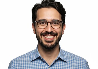 Obraz premium A man with glasses and a beard smiling while wearing a blue and white checkered shirt on white backdrop